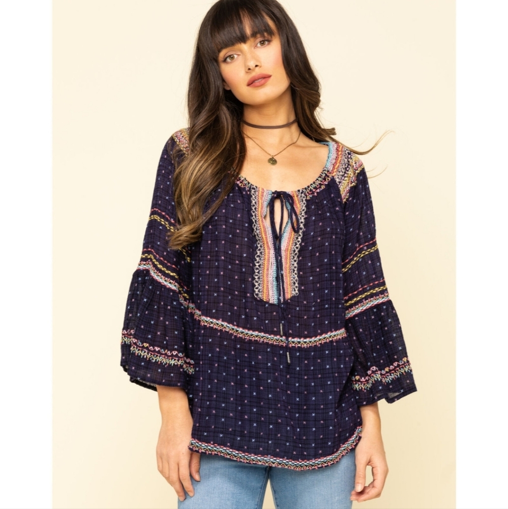 Free People Blue Embroidered Blouse Top Size Small Ruffle 3/4 Sleeves